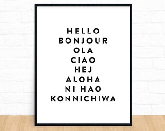 Hello Printable, Bonjour Print, Printable Wall Art, Typography Print, Black and White, Downloadable Wall Art, French Print, Instant Download