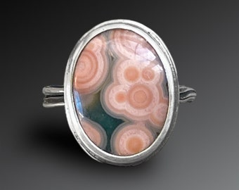 Pink and Green Old-Stock Ocean Jasper Ring, size 8