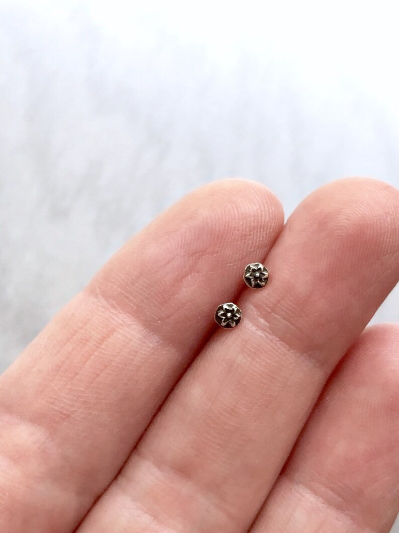 Tiny Flower Stud Earrings in Sterling Silver, Extra Small Studs, Dainty Mini Post Earrings, Handmade Silver Jewelry, Hand Fabricated Silver image 2