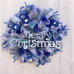 Merry Christmas Wreath/Christmas Wreath/ Silver and Blue Wreath/ Front Door Wreath/Door Wreath