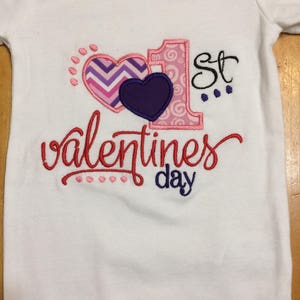 Girls Embroidered 1st Valentines Day Onesie: Appliqued Hearts