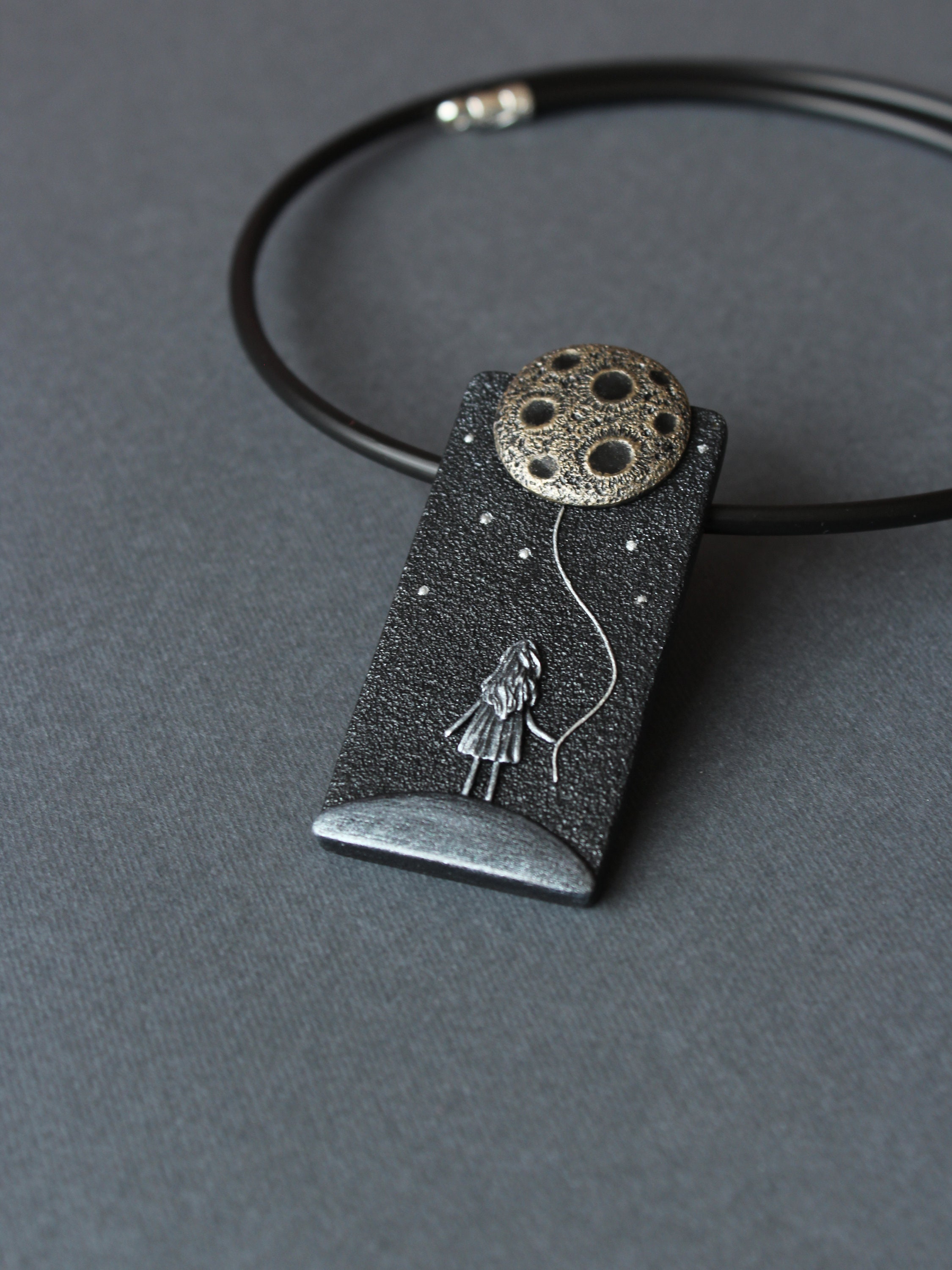 Polymer Clay Pendant Romantic Moon Space Silver Minimalism Etsy
