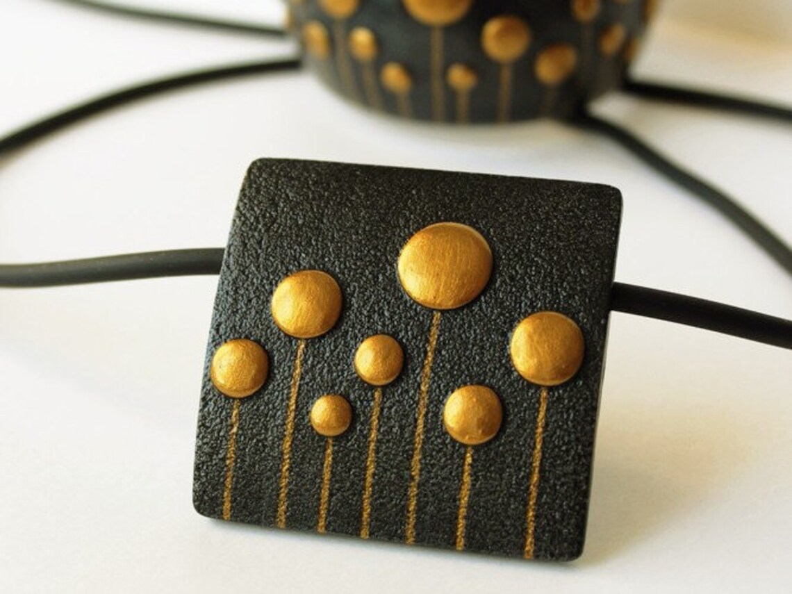 Polymer Clay Jewelry Pendant Necklace Blue Gold Colourful Etsy