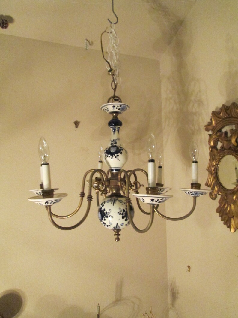 Blue And White Delft Chandelier With Six Arms