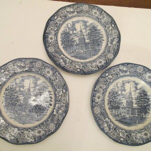 Six Liberty Blue Staffordshire Independence Hall Plates