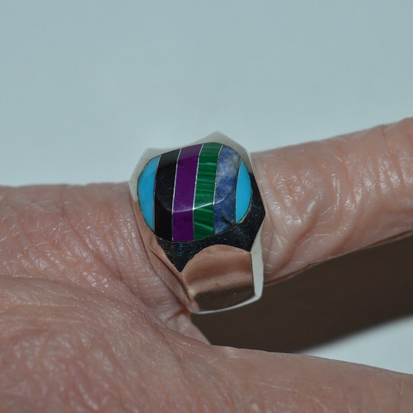 Mexico Sterling Signet Ring, Multi Stone Turquoise Onyx Malachite Inlay Ring, Mexican 925 Modernist Ring, Artisan Taxco Size 6 Inlaid Ring