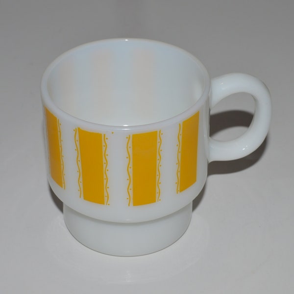 Vintage Yellow Stripe Milk Glass Coffee Cup, Yellow Milk Glass Stacking Mug, Retro Striped Cup, 1950s Glass Mug w Bright Yellow Pattern