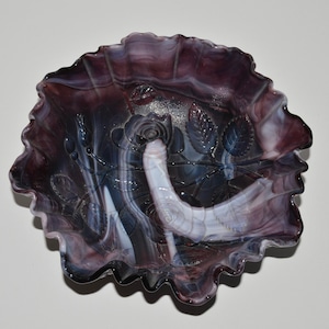 Imperial Glass Candy Bowl, Purple Slag Glass, Embossed Rose Pattern Bowl, Swirled Slag Glass, End of the Day Glass, Purple White Collectible