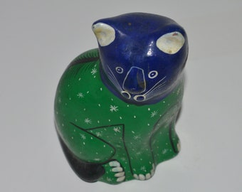 Clay Cat Figurine, Hand Painted Folk Art Cat, Barro Figurine, Blue Green Whimsical Cat Sculpture, Cat Themed Gift from Mexico