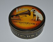 RCA Victor His Master 39 s Voice Nipper Tin, Vintage Tin Litho Canister, Dog and Gramophone, Nostalgic Decor, Nipper Mascot Round Tin