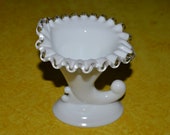 Fenton Silver Crest Cornucopia, White Fenton Glass Candle Holder Cornucopia, Fenton Horn of Plenty, Ruffled Silvercrest, Milk Clear Glass