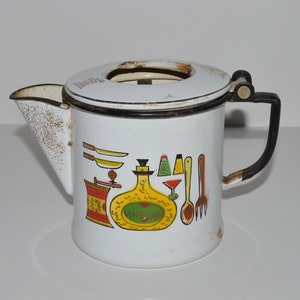 Vintage Enamel Percolator Kettle, Funky 1960s Kitchen Decor, Retro Mod Kitchen Utensils Motif, Collectible Enamel Kitchen Appliance Coffee