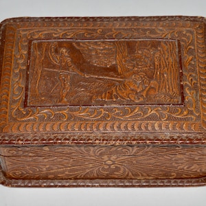 Hand Tooled Leather Cigar Box Made in Spain, Don Quixote de La Mancha Design, Embossed Leather Bound Wood Cigar Box, Trinket Stash Box