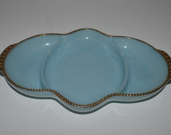 Fire King Azurite Relish Serving Dish w 3 Compartments and Gold Rim, Collectible Delphite Glass, Anchor Hocking Fire King Made in U.S.A