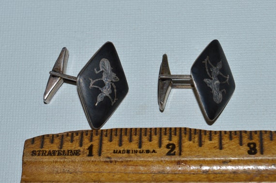 Siam Niello Cuff Links, Sterling Black Enamel Tha… - image 9