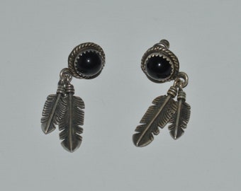 Sterling Black Onyx Feather Dangle Earrings, Boho Silver Native Style Earrings with Onyx Cabochons, Southwestern Post Earrings Signed S.A