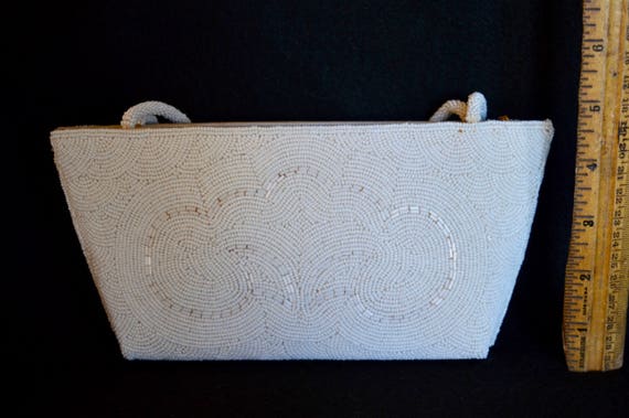 Beaded Handbag, Vintage Beaded Purse, White Beade… - image 9