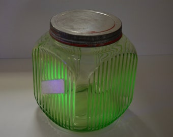 Vintage Depression Glass Cookie Jar, Uranium Glass Hoosier Jar, Glows Under Blacklight, Collectible Glass, Kitchen Gift, 1930s Jar w Lid