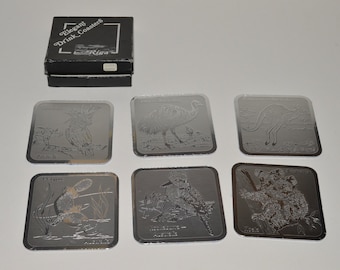 Australia Animals Set of 6 Coasters, Aussie Souvenir Coaster Set, Coasters w Box, Kangaroo Koala Kookaburra Etc, Bar Decor Coaster Set