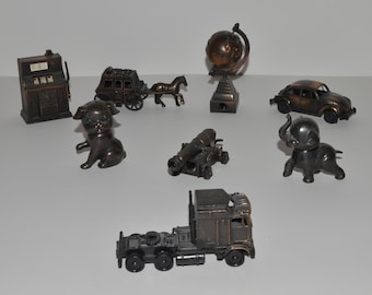 Tiny Figurine Metal Pencil Sharpeners, Metal Miniatures, Hong Kong Collectibles, Pencil Sharpener Toys, Cannon Animal Globe VW Bug Choice