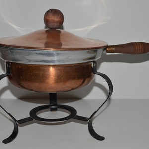 Vintage Copper Plate Steel Fondue Pot w Stand, Mid Century Fondue Chafing Pot, Copper Kitchen Decor, 1970s Tripod Fondue Dish