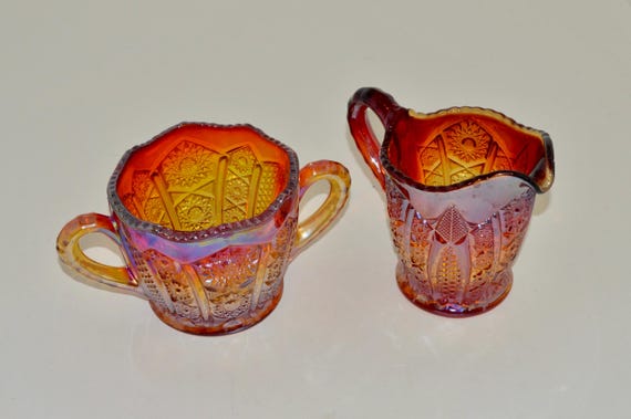 Indiana Glass Heirloom Iridescent Sunset Carnival Glass Cream and Sugar Set, Red Orange Amberina Creamer and Open Sugar, Glass Kitchen Gift