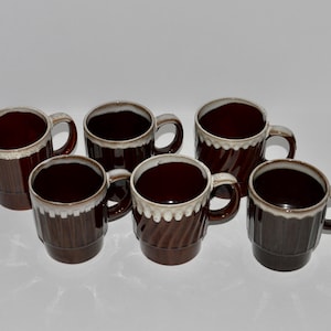 Brown Drip Glaze Coffee Mugs, Set of 6 Stackable Cups w Drip Glaze Rims, 1970s Retro Coffee Cups Made in Japan, Gift for Kitchen