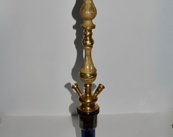 Brass Hookah, Cobalt Blue Glass, Karkook Iraq Souvenir, Camel Motif Water Pipe Tobacco Accessory, Gold Paint Details, Missing the Mouthpiece