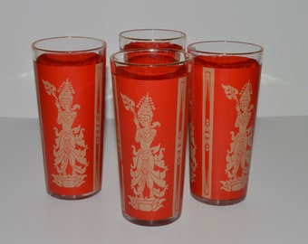 Thai Goddess Mandalay Mid-Century Tumblers, Asian Design Tumblers, Red Gold Design, Mandalay Pattern Bar Glasses, Set of 4 Highball Glasses