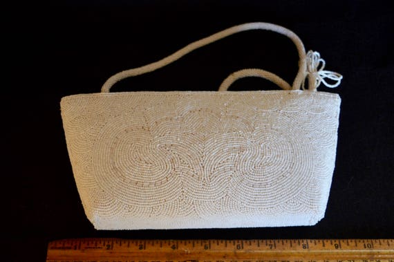Beaded Handbag, Vintage Beaded Purse, White Beade… - image 8
