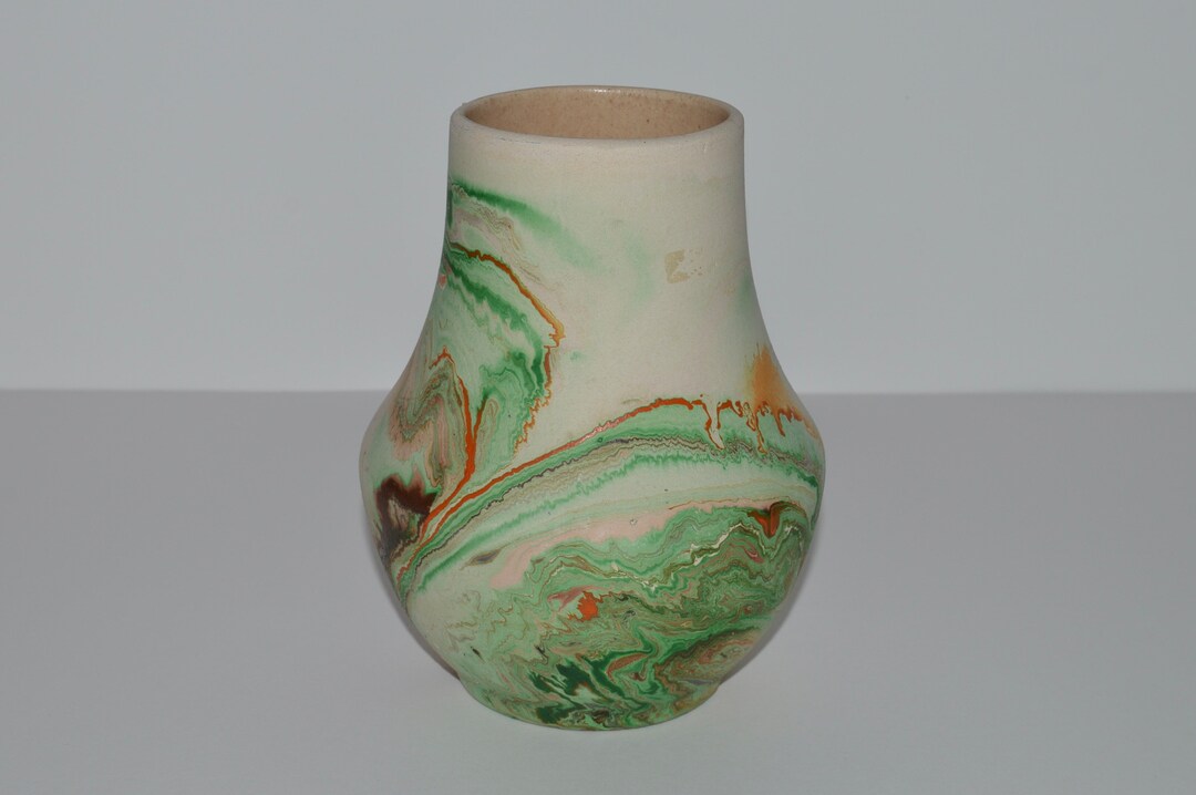 Nemadji Pottery Vase, Green Brown Swirl Hand Painted Clay Vase