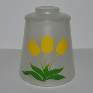 Vintage Glass Bartlett Collins Cookie Jar, Yellow Tulips Design, 1960s Kitchen Storage, Frosted Glass Mid Century Style Cookie Jar w Lid