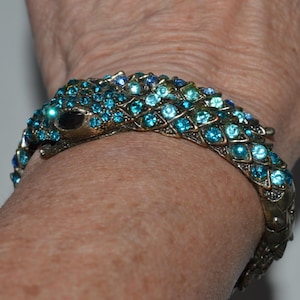 Rhinestone Snake Bracelet, Blue Crystal Serpent Bracelet, Statement Jewelry, Snake Lover Gift, Boho Snake Jewelry, MISSING 1 EYE