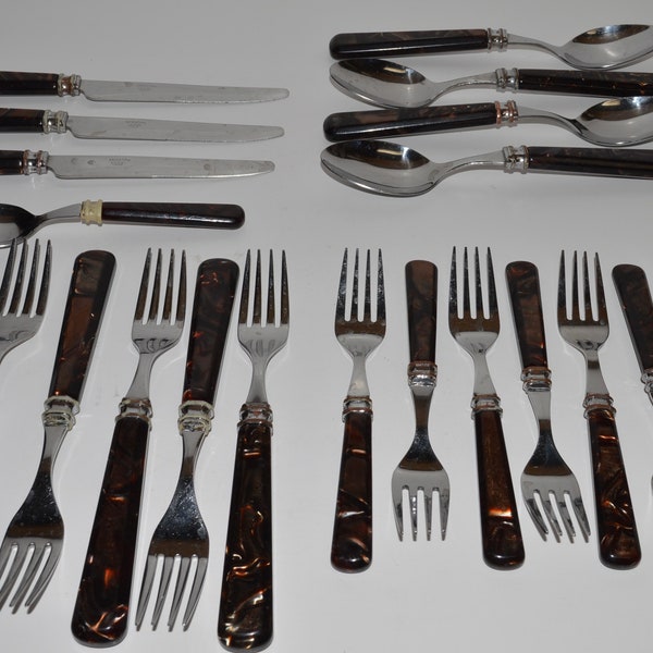 Vintage Mikasa Flatware Faux Tortoise Handle Cutlery Set, Lot of 20 Piece Stainless Steel Flatware, Mikasa 1990s Silverware, Mikasa Tortoise