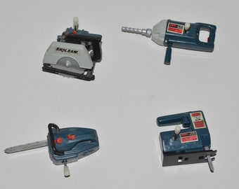 Lot of 4 Tiny Tools Figurines, Imperial Toys Mini Power Tools, Skil Wind Up Miniature Drill Jigsaw Chainsaw, 1980s Micro Machine Collectible
