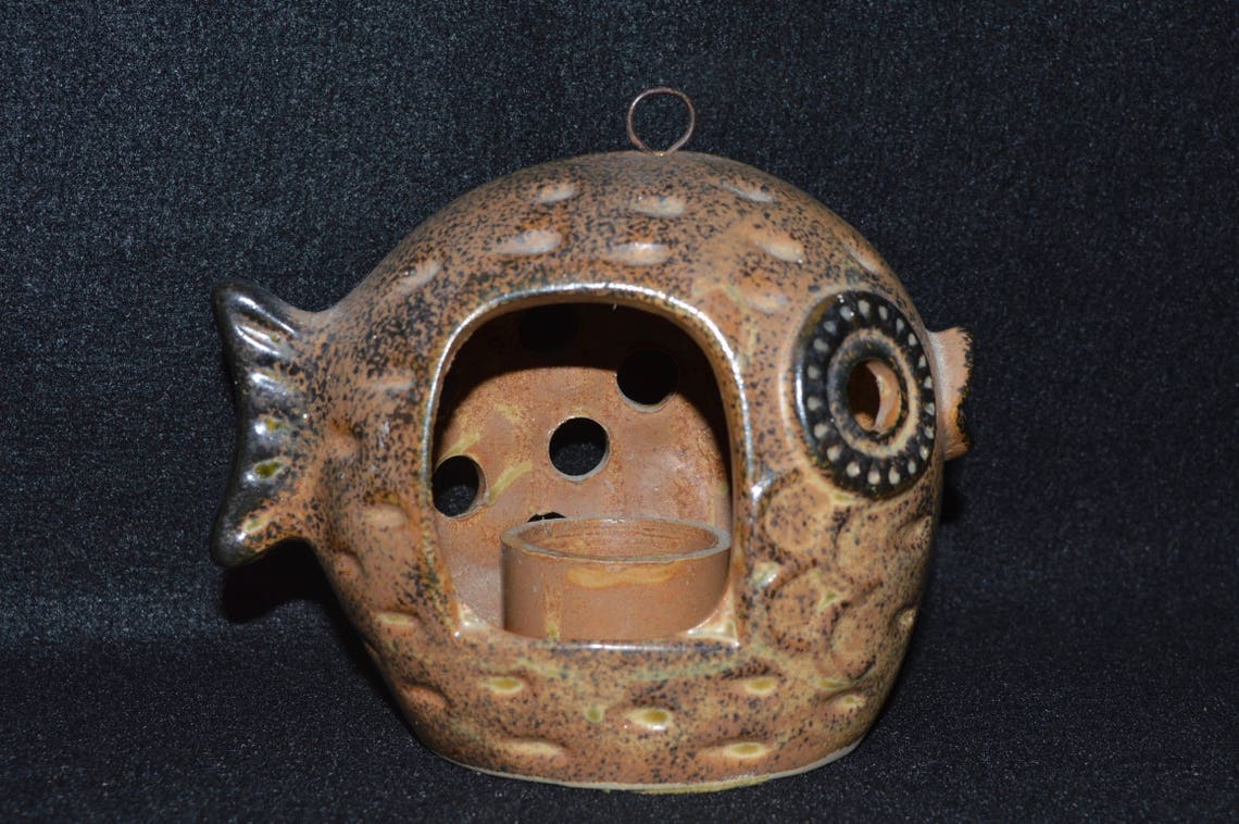 Vintage Stoneware Fish Candle Holder Glazed Ceramic Luminary Etsy