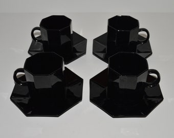 Vintage Arcoroc Octime Black Glass Octagonal Cups and Saucers, Made in France, 1980s Dishes, Cups Saucers Service for 4, 8 Pieces Total