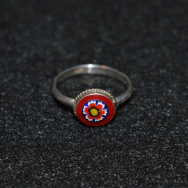 Sterling Millefiori Ring, Floral Motif Ring, Sterling Pinky Ring, Tiny Flower Ring, Cute Flower Ring, Pinky Flower Ring, Blue Red Tiny Ring