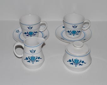 Noritake Progression Blue Haven Cream and Sugar w 2 Cups and 2 Saucers, Coffee Tea Service for 2, Blue White China Made in Japan, Tea for 2