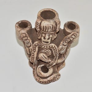 Large Aztec Maya Candleholder Figurine, Clay Terra Cotta Mexican Folk Art Figurine, Mayan Snake Statuette, Mexico Souvenir Candle Stick
