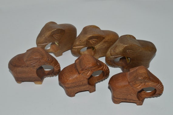 Vintage Hand Carved Wooden Napkin Rings- Set of 6
