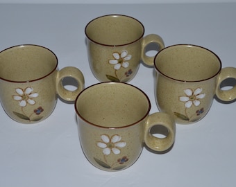 Noritake Zest Cups Set of 4, Noritake Stoneware Cups, Floral Design Noritake Cups, Noritake Round Handle Coffee Cups,  Blue Brown Stoneware