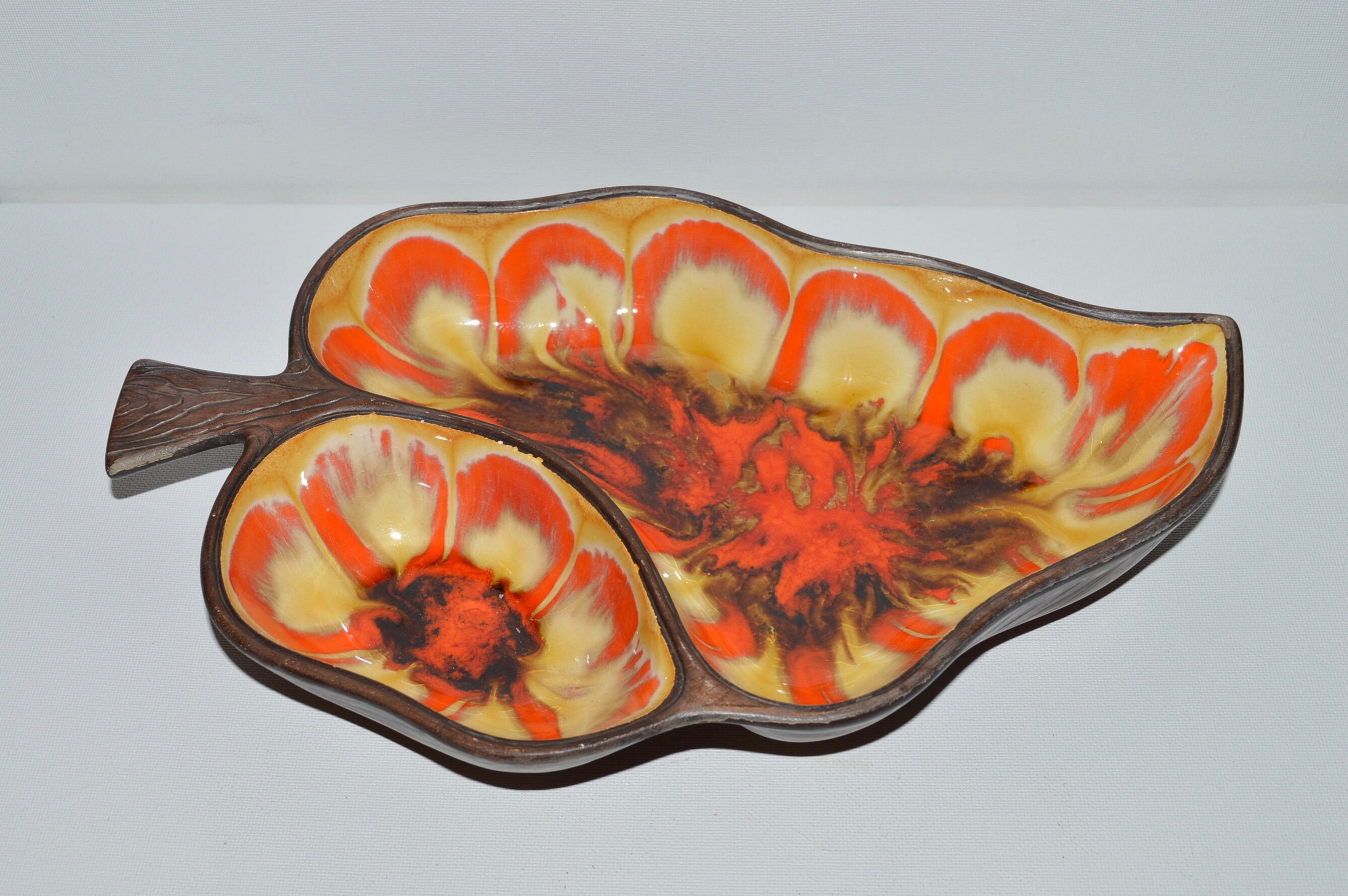 Fiery Red Mid Century Treasure Craft Platter Red Orange Splatter Glaze  Divided Serving Tray Chip and Dip Tray Square Serving Platter 