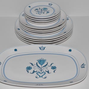 Set of Noritake Progression Blue Haven Plates, Dinner Salad Bread Plates and Large Serving Tray, Blue White Plates Japan 13 pcs, Service 4