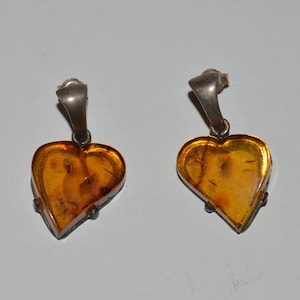 Amber Heart Drop Earrings, Amber Pierced Earrings, Heart Shaped Earrings, Amber Dangle Earrings, Baltic Amber, Gift for Her, Vintage Amber