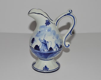 Vintage Delft Creamer Pitcher, Made in Holland, Delft Handgemalt,  Blue and White Porcelain, Iconic Windmill Scene, BROKEN REGLUED