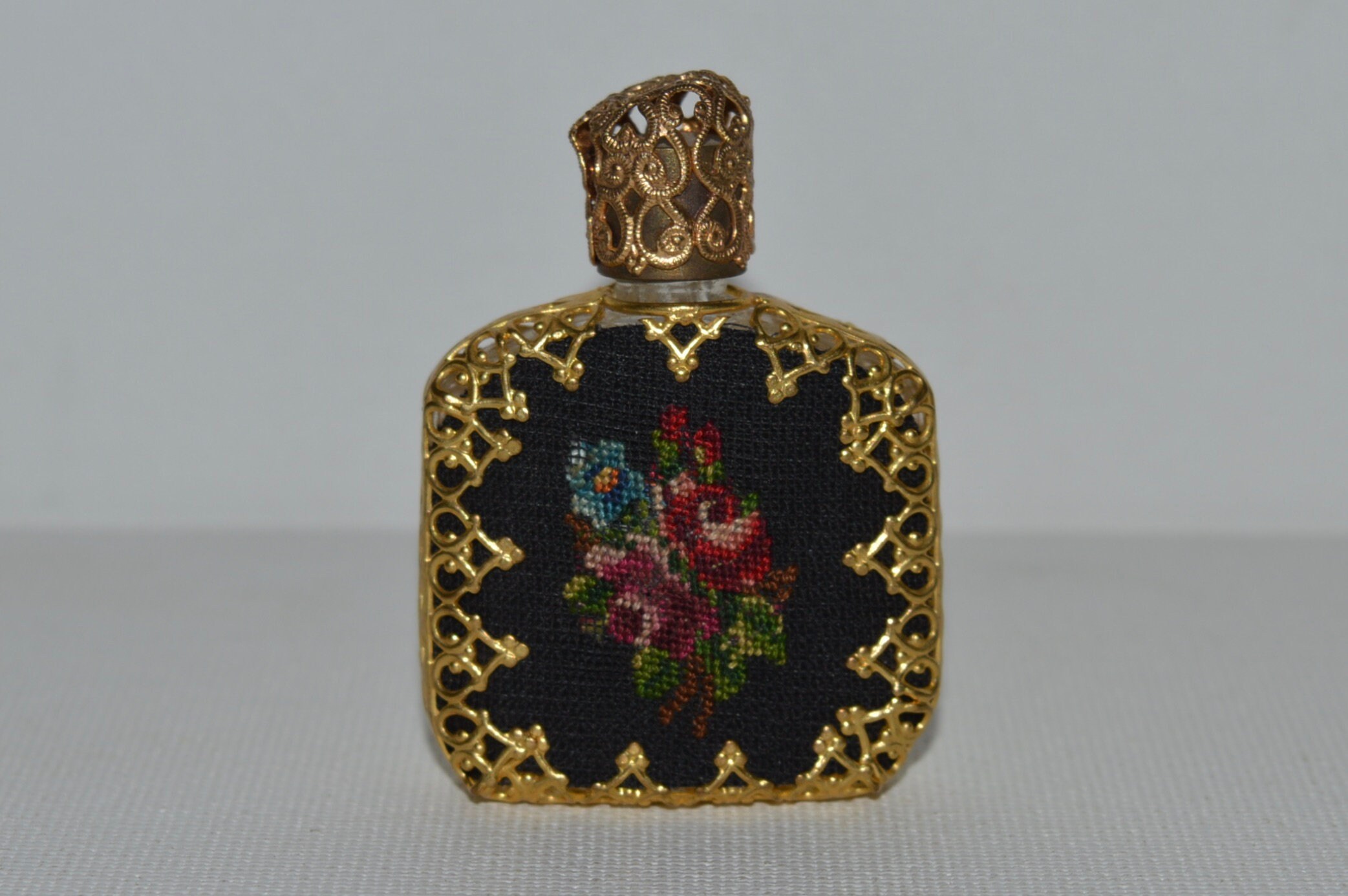 Needlepoint Perfume Bottle Gold Filigree Frame Cross Stitch Etsy