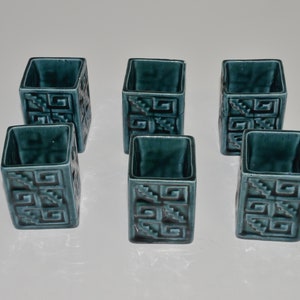 6 Green Toothpick Holder Pottery Vases, Mid Century Modern Aztec Design, Forest Green Glaze, Toothpick Match Napkin Holder, Miniature Vase