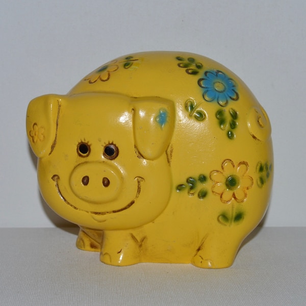 Yellow Painted Clay Piggy Bank, Yellow Pig Piggy Bank, Pig Figurines, Pig Collection, Pig w Flowers,Older Piggy Bank Hand Painted