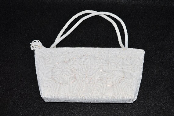 Beaded Handbag, Vintage Beaded Purse, White Beade… - image 1